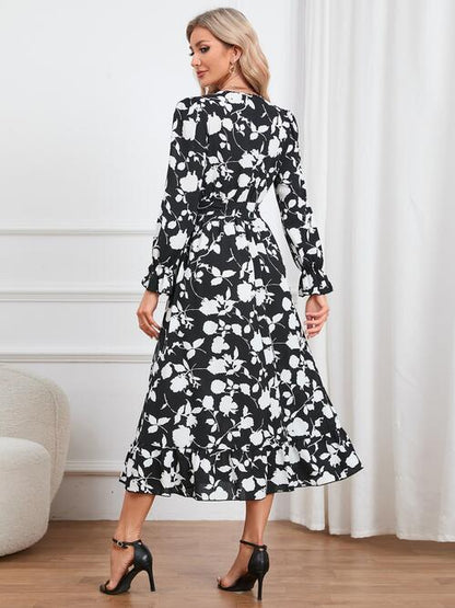 Floral Surplice Flounce Sleeve Ruffle Hem Dress