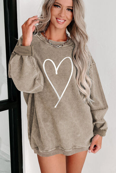 Heart Round Neck Dropped Shoulder Sweatshirt