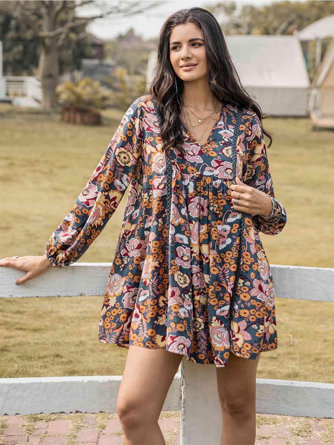 Floral Ruched V-Neck Long Sleeve Dress