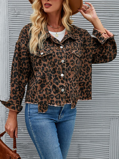 Leopard Button Up Dropped Shoulder Denim Jacket