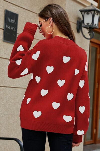 Woven Right Heart Pattern Lantern Sleeve Round Neck Tunic Sweater