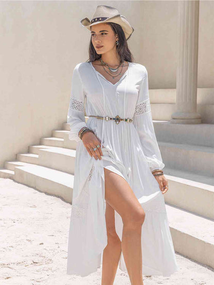 Tie Neck Long Sleeve Midi Tiered Dress