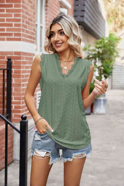 Eyelet Lace Trim Eyelash V-Neck Tank