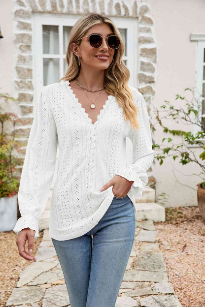 Eyelet Lace Trim Flounce Sleeve Blouse