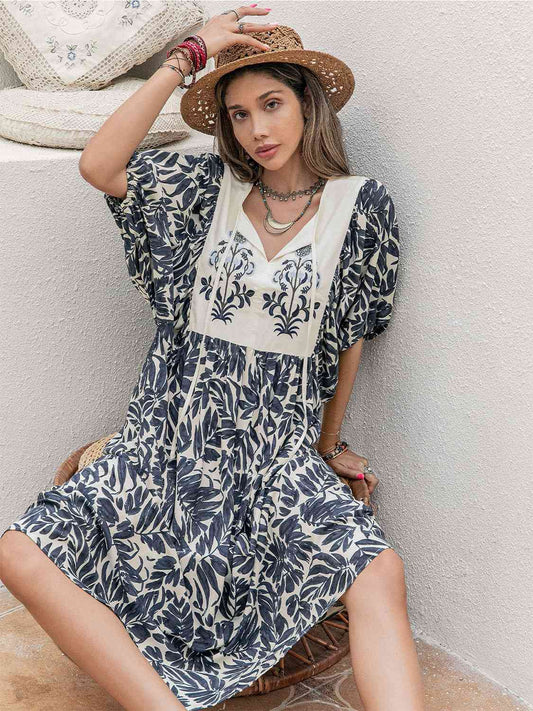 Printed Tie Neck Midi Dress